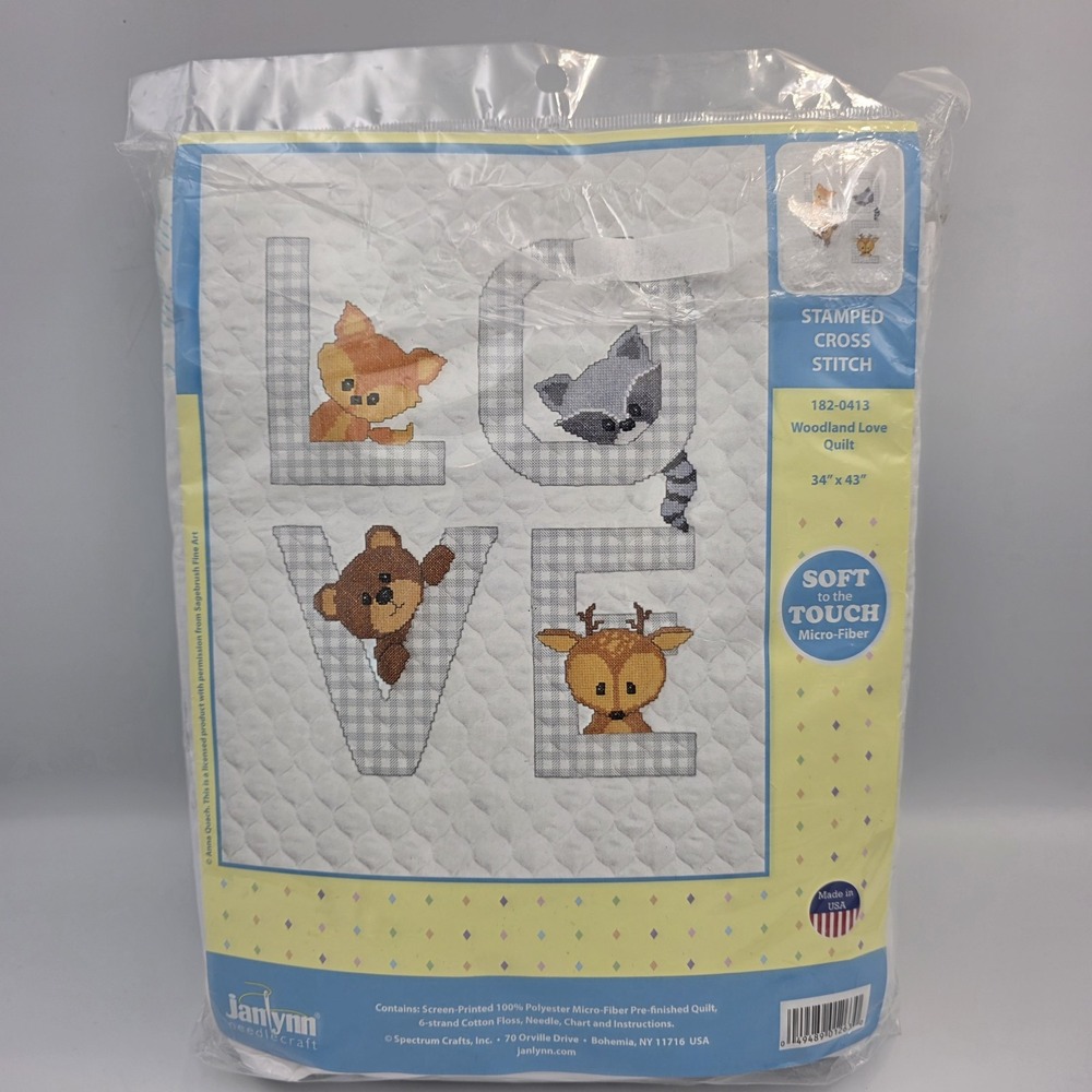 Janlynn Woodland Love 34x43 Baby Quilt Stamped Cross Stitch 182-0413 Blanket Kit